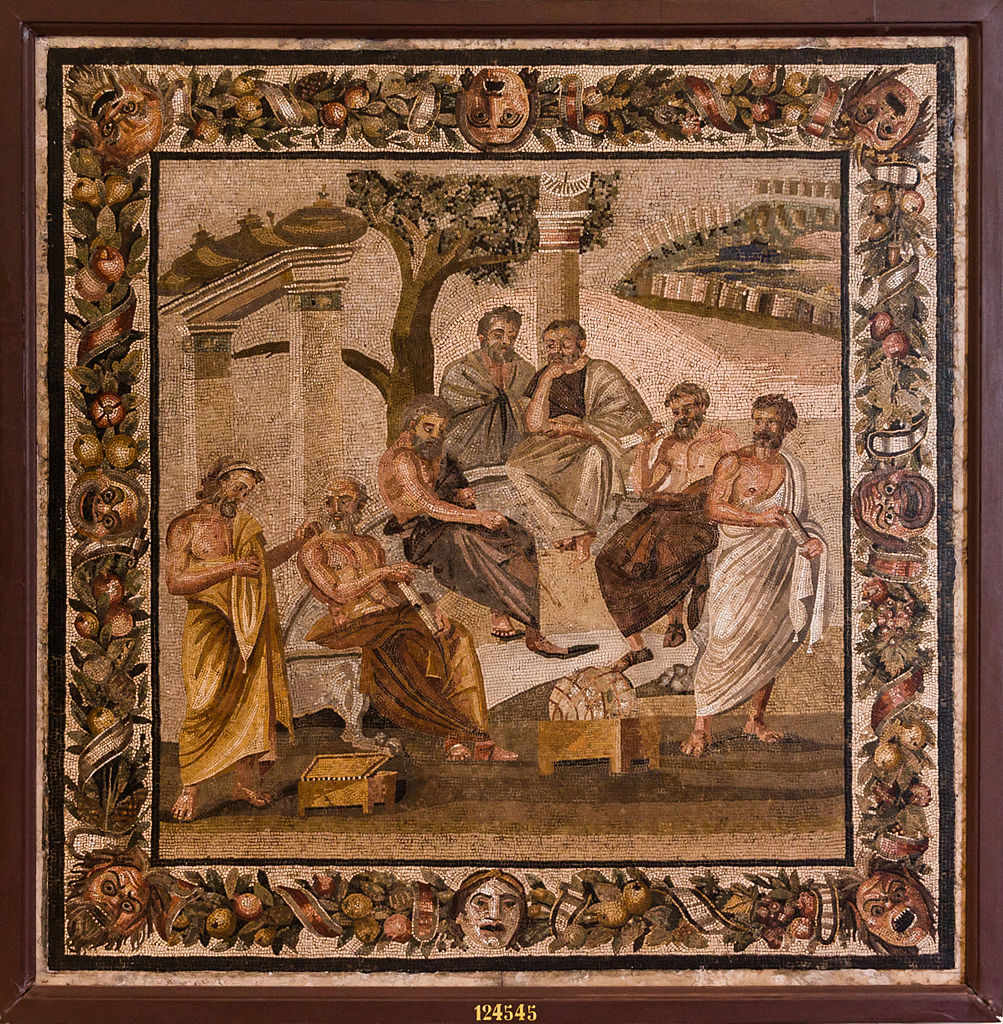 Mosaïque académie de Platon, Pompeï, CC Wikimedia